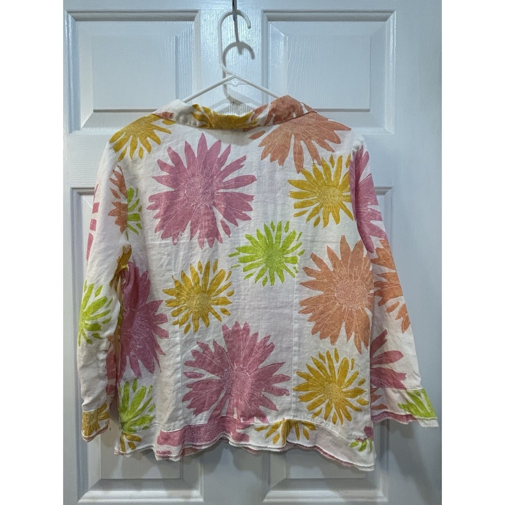 Fresh Produce Floral Linen Button Up Shirt Womens Sz M 3/4 Sleeve Tropical Art - Picture 2 of 10